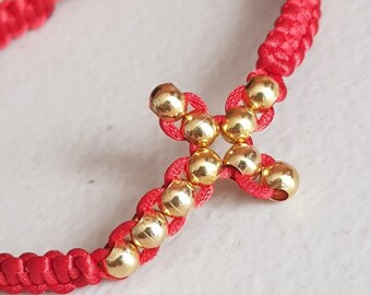 Red cross beaded bracelet, Gold side cross braided Bracelet, Jesus Christ cross crucifixion catholic cuff, red protection woven bracelet