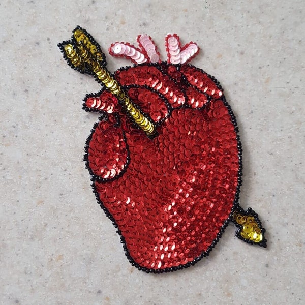 Anatomical body heart sequin patch, Mexico Loteria Corazon Sew on patch, Sacred heart Exvoto, Sagrado corazon Applique Milagrito Arrow Heart