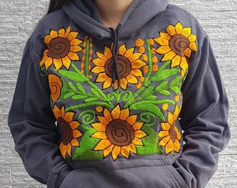 Mexican gray hoodie sweatshirt, Embroidered Sunflower pullover, Embroidered yellow flower jersey, Women Mexico Embroidery hoodie jacket