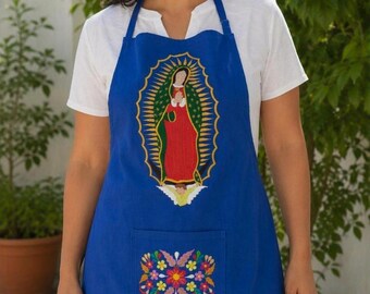 Virgen Guadalupe embroidered Apron, Royal blue apron, Colorful floral embroidery, Mexico Kitchen Cook Pinafore Smock, Grandma Mother's day