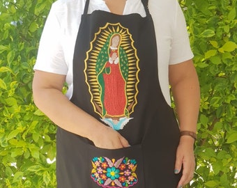 Virgen Guadalupe embroidered Apron, Black apron, Colorful floral embroidery, Mexico Kitchen Cook Pinafore Smock, Grandma Mother's day