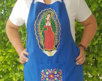 Tablier brodé Virgen Guadalupe, tablier bleu royal, broderie florale colorée, blouse chasuble de cuisinier du Mexique, fête des mères de grand-mère
