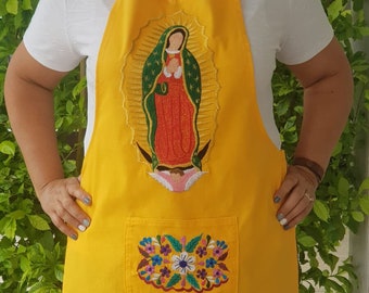 Virgen Guadalupe embroidered Apron, Yellow apron, Colorful floral embroidery, Mexico Kitchen Cook Pinafore Smock, Grandma Mother's day