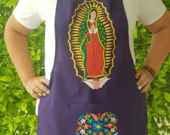 Virgen Guadalupe embroidered Apron, Purple apron, Colorful floral embroidery, Mexico Kitchen Cook Pinafore Smock, Grandma Mother's day