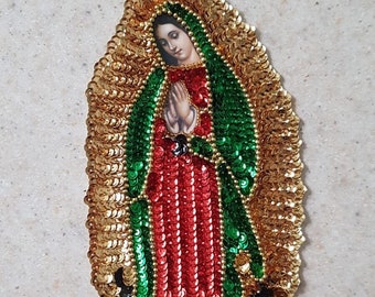 Virgen de Guadalupe sequin patch, Our Lady Guadalupe Sequin Applique, Classic Guadalupe virgin patch with angel, Mexican embellishment patch