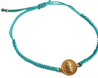 Turquoise blue woven bracelet Virgen Guadalupe, Virgin Guadalupe 14k Gold bracelet medal, Our Lady Guadalupe 14k Gold pendant cuff, Mom gift