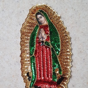 Virgen de Guadalupe sequin patch, Our Lady Guadalupe Sequin Applique, Classic Guadalupe virgin patch with angel, Mexican embellishment patch