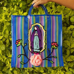 Our Lady Guadalupe embroidered bag, Virgen Guadalupe beach tote, Mexican blue mercado bag, Virgin Guadalupe mesh Bag, Mexico Guadalupe bag