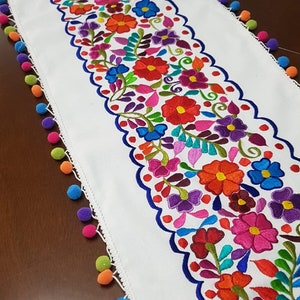 Mexican Embroidered Table Runner, Colorful Pompom Tassel Boho Floral Fabric