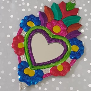 Milagro Sacred Heart, exvoto flower mexican tin heart Ornament, mirror milagrito heart embossed charm, engraved metal Mexican Flaming Heart