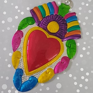 Milagro Sacred Heart, red mexican tin heart Ornament, flowered milagrito tin engraved heart charm, metal embossed Frida Mexico Flaming Heart