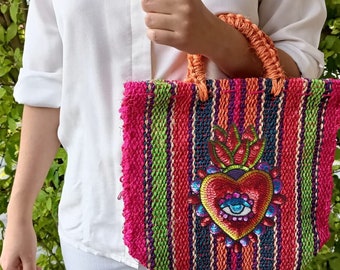 Sacred heart eye milagrito, Mexican mercado bag sequin patch, Natural fiber, Boho chic Ethnic Woven Morral handbag, Cancun Tulum beach tote