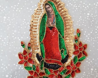 Virgen de Guadalupe patch, Our Lady Guadalupe red flower Sequin Applique, Guadalupe virgin sequin patch, Virgen de Guadalupe sequin jacket