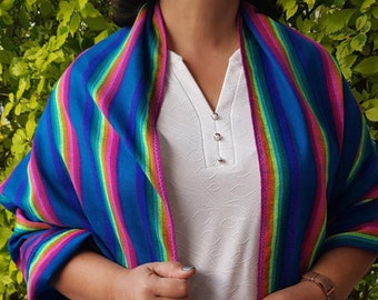 Mexican blue Rebozo, Mexican rainbow stripes shawl scarf, Aztec fabric Table Runner, Sarape, Serape, Mexican scarf, Mexican Handkerchiefs