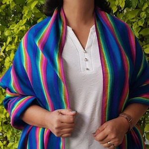 Rebozo mexicano azul, chal mexicano de rayas de arcoíris, camino de mesa de tela azteca, sarape, sarape, bufanda mexicana, pañuelos mexicanos