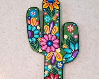 Wooden nopal cacti, Mexican Wood cactus, Southwestern hand painted Wood nopal, Texas Mexico succulent, Alebrije wooden Nopal Folk Art flower