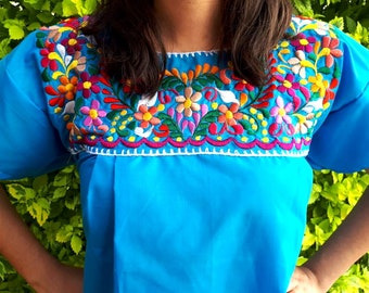 Mexican turquoise blue blouse, All sizes mexican shirt, Plus size blouse, Embroidered mexican cyan Blouse, Mexico embroidery peasant top