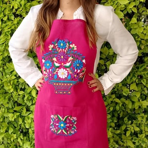Mexican pink embroidered Apron, Mexican colorful floral embroidery, Mexico Cook apron Pinafore, Flowered Kitchen Smock, Mexico embroidered
