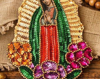 Virgen de Guadalupe sequin patch, Our Lady Guadalupe Sequin Applique, Sew or glue Guadalupe virgin sequin patch, Mexican embellishment patch