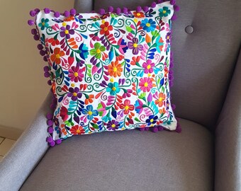 Taie D'oreiller Décorative Brodée - Textile Mexicain Violet, 19x19 Pouces, Neuve