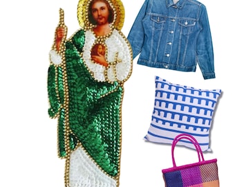 San Judas Tadeo sequin patch, Saint Jude Patron De Lo Imposible, Milagro Sacred Heart sequin patch, Mexican Sagrado Corazon, Apostle St Jude