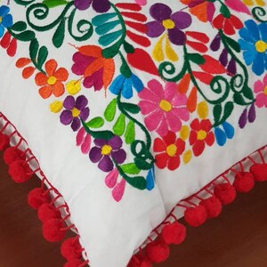 Mexico embroidery colorful pillow cover, Mexican red pompom tassel sofa cushion cover, Bed Throw Pillow, vintage flowers embroidered rainbow bild 3