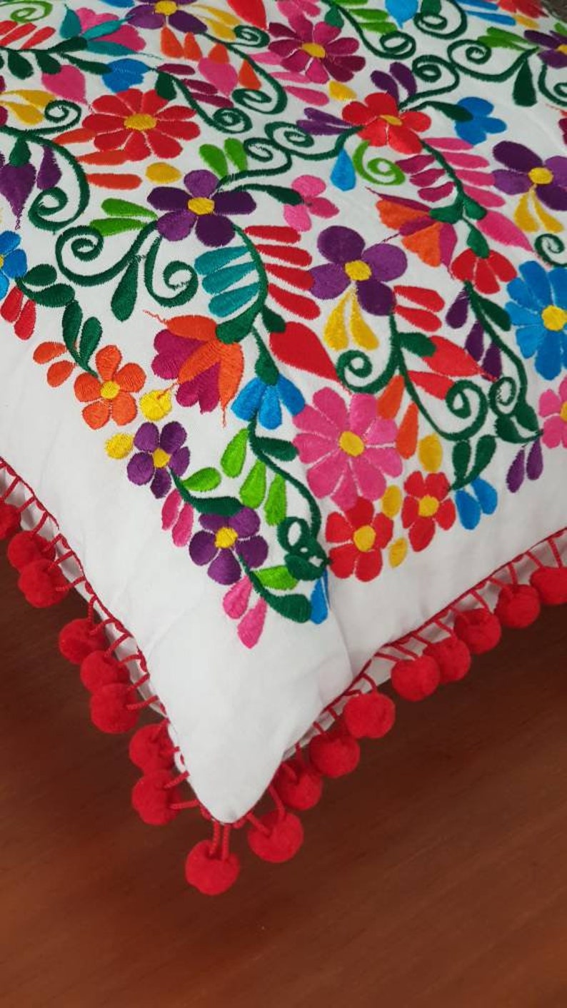 Mexico embroidery colorful pillow cover, Mexican red pompom tassel sofa cushion cover, Bed Throw Pillow, vintage flowers embroidered rainbow bild 3