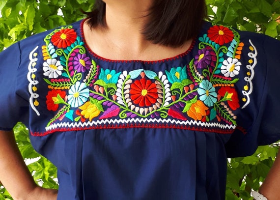 Navy blue mexican blouse Mexican embroidered top Inclusive | Etsy