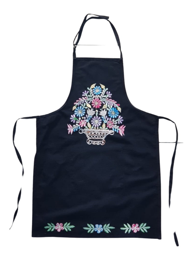 Mexican Black Embroidered Apron Mexican Colorful Floral Etsy