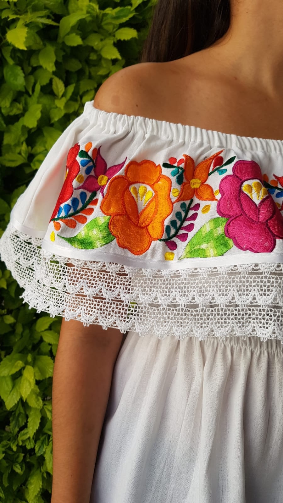 Mexican Embroidered off the Shoulder White Blouse, Lace Trim Mexican Embroidered off the Shoulder White Blouse, Lace Trim