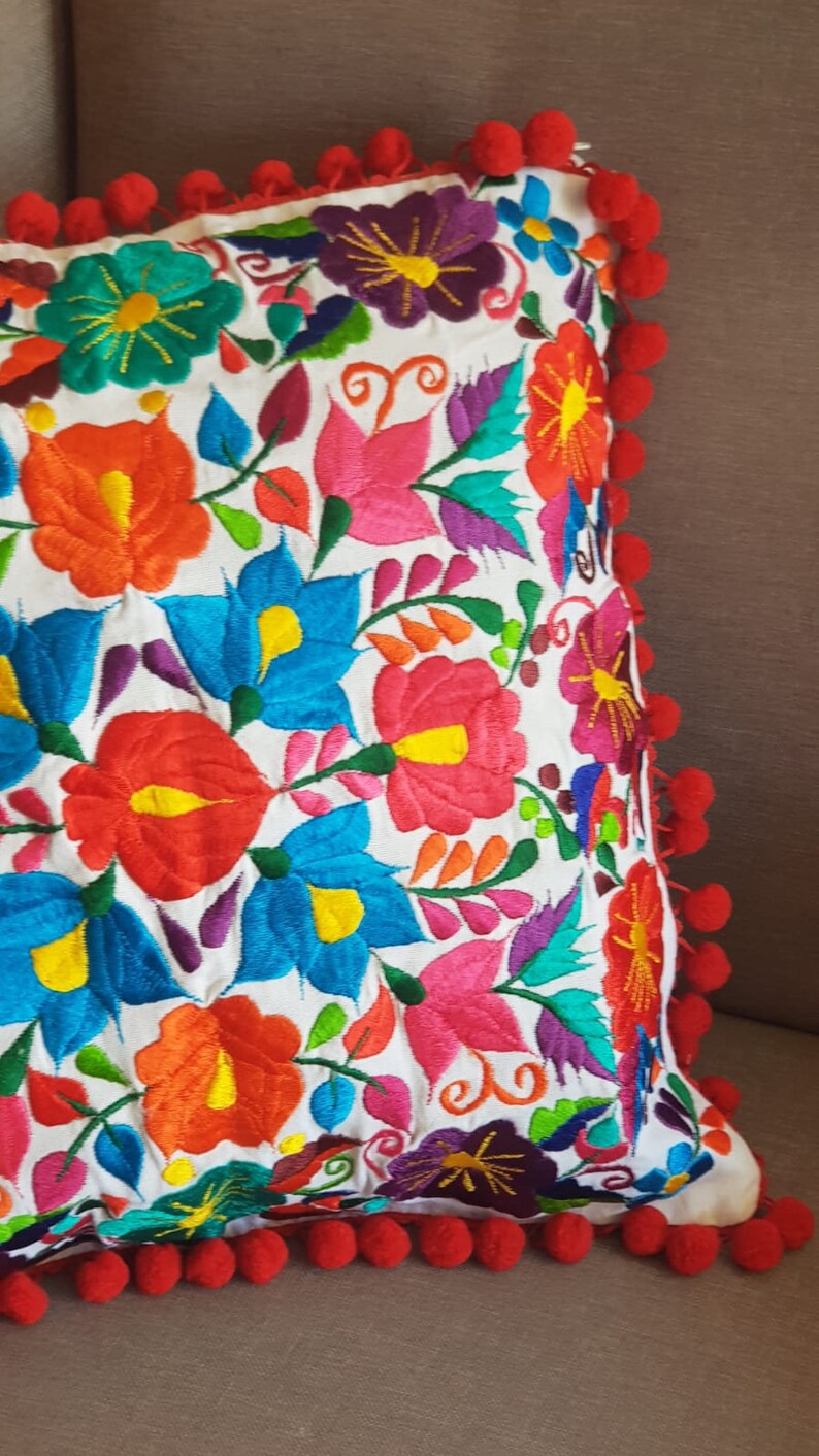 Mexico embroidery colorful pillow cover, Mexican red pompom tassel sofa cushion cover, Bed Throw Pillow, vintage flowers embroidered rainbow bild 7