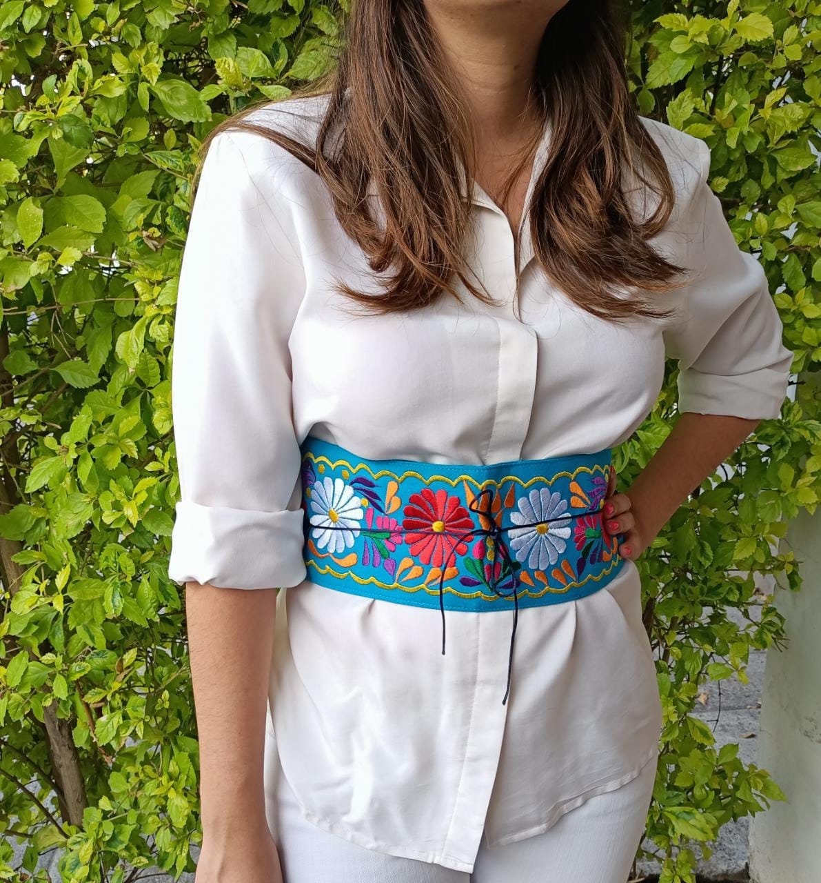 Embroidery Mexican Blue Sash, All Sizes Waist Colorful