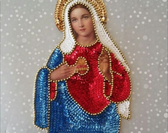 Sacred Heart Virgin Holy Mary, Milagro Heart sequin patch, Mexican Sagrado Corazon Virgen MAria, Flaming Heart Applique, Guadalupe Virgin