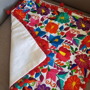 Mexico embroidery colorful pillow cover, Mexican red pompom tassel sofa cushion cover, Bed Throw Pillow, vintage flowers embroidered rainbow bild 9