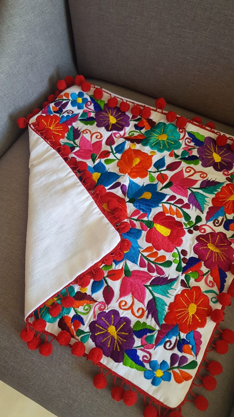 Mexico embroidery colorful pillow cover, Mexican red pompom tassel sofa cushion cover, Bed Throw Pillow, vintage flowers embroidered rainbow bild 9
