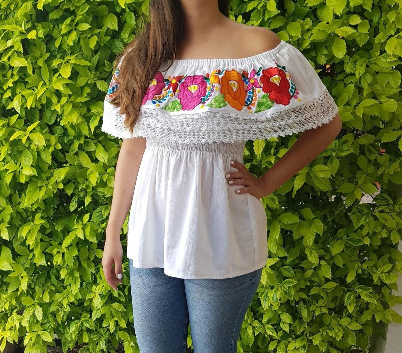 Mexican Embroidered off the Shoulder White Blouse, Lace Trim Mexican Embroidered off the Shoulder White Blouse, Lace Trim