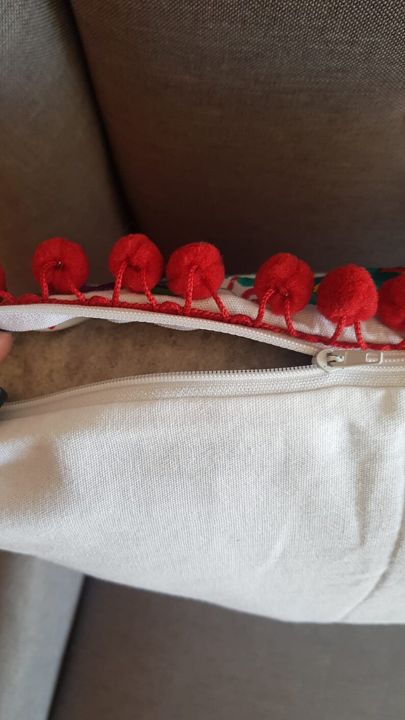 Mexico embroidery colorful pillow cover, Mexican red pompom tassel sofa cushion cover, Bed Throw Pillow, vintage flowers embroidered rainbow bild 8