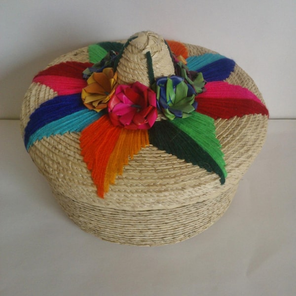 Mexican Woven Basket,Colorful bread basket, Hand Woven Tortilla Warmers, Corn Leaf Flower, Organizer Storage, Trinket box, Party Centerpiece