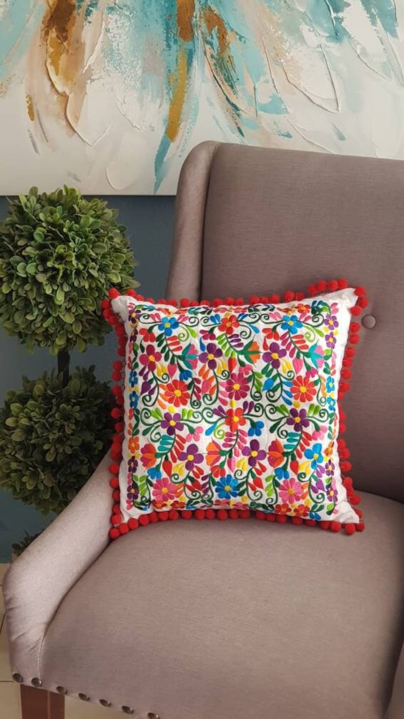 Mexico embroidery colorful pillow cover, Mexican red pompom tassel sofa cushion cover, Bed Throw Pillow, vintage flowers embroidered rainbow bild 1