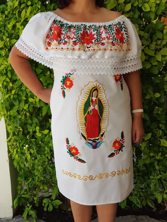 Virgen Guadalupe dress Off the Shoulder white mexican dress - Etsy México Virgen Guadalupe dress Off the Shoulder white mexican dress - Etsy México