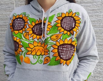 Mexican Gray Hoodie Sweatshirt, Embroidered Sunflower