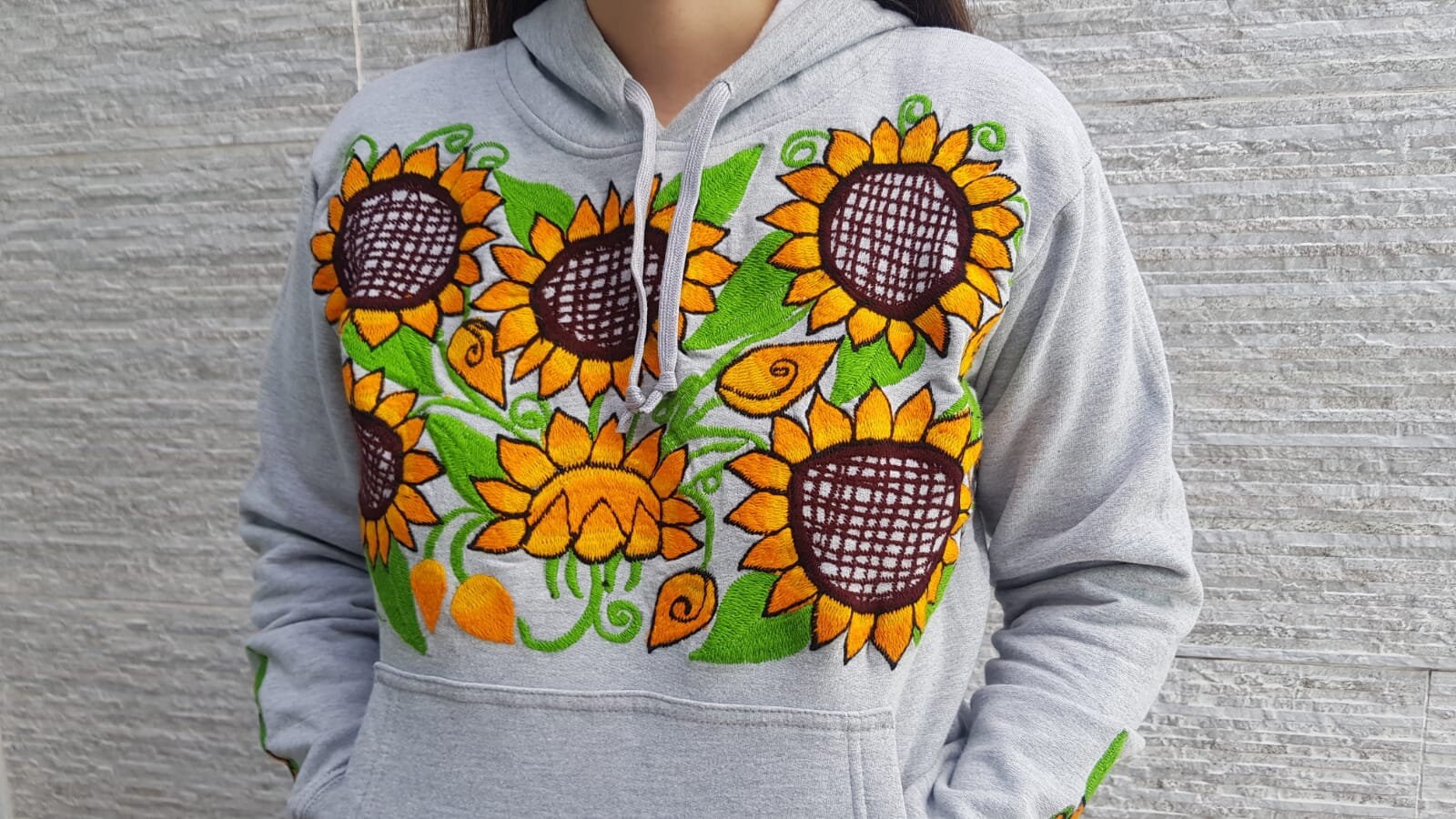 Mexican Gray Hoodie Sweatshirt, Embroidered Sunflower