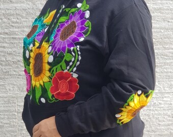 Mexican Black Hoodie Sweatshirt, Embroidered Sunflower