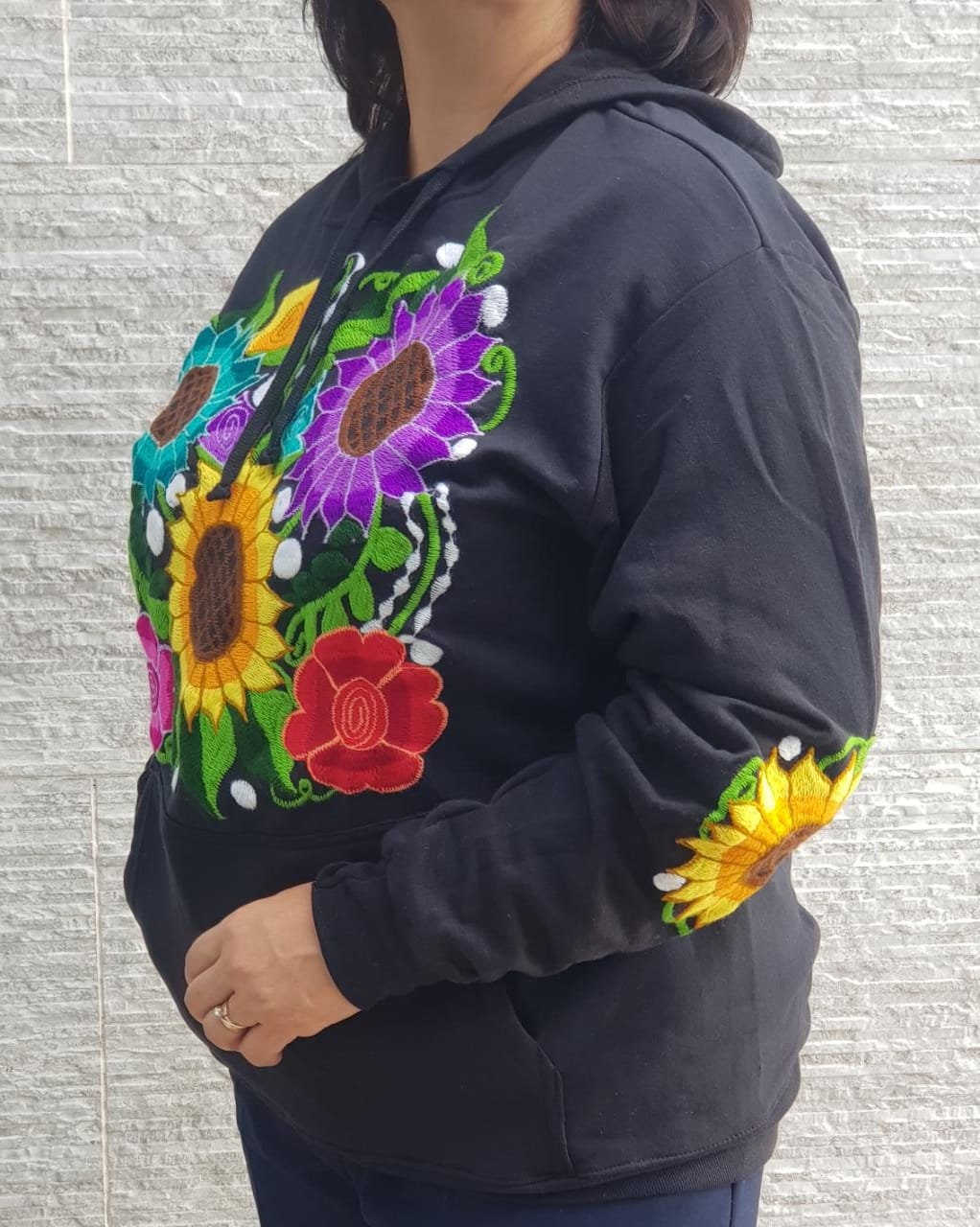 Mexican Black Hoodie Sweatshirt, Embroidered Sunflower