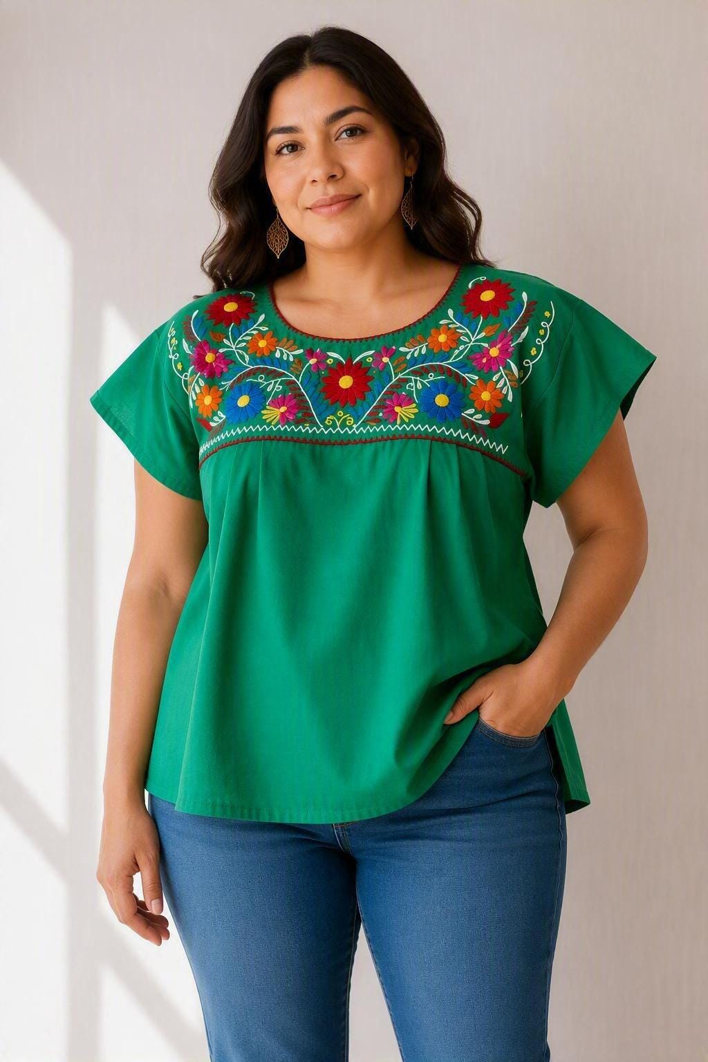 Mexican Embroidered Blouse Green, Plus Size Curvy Floral Boho Top