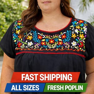 Mexican Black Embroidered Blouse, Plus size mexico clothing Women, Vintage floral peasant top, Handmade Poplin Oaxaca Style top, All Sizes