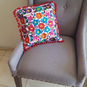 Mexico embroidery colorful pillow cover, Mexican red pompom tassel sofa cushion cover, Bed Throw Pillow, vintage flowers embroidered rainbow bild 5
