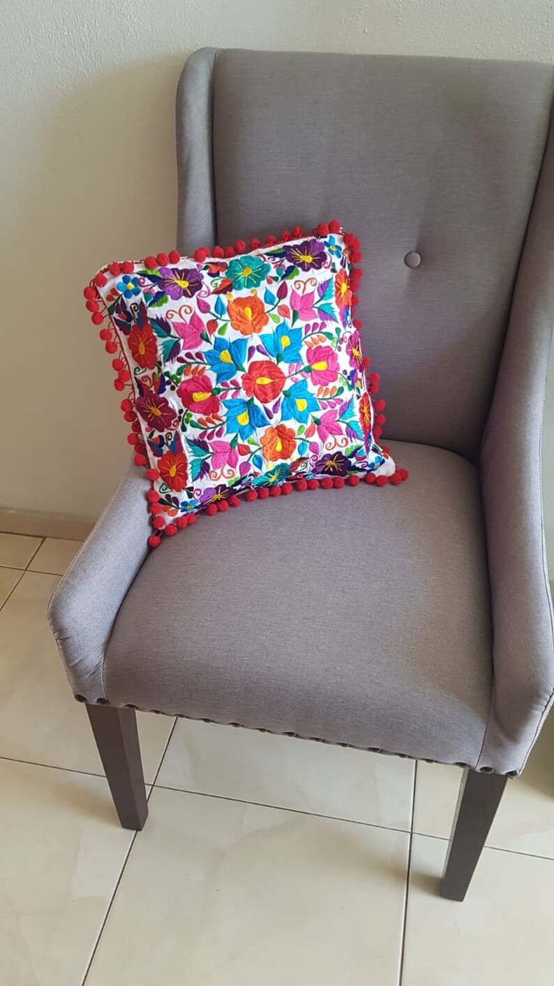 Mexico embroidery colorful pillow cover, Mexican red pompom tassel sofa cushion cover, Bed Throw Pillow, vintage flowers embroidered rainbow bild 5