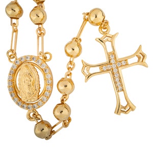 Rosario de Guadalupe en oro de 14 quilates para hombre, collar de rosario de oro con circonitas de la Virgen de Guadalupe, rosario de oro con circonitas de Cristo, joyería religiosa de México