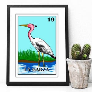La garza mexican loteria card, Mexican bingo Heron card, Loteria poster messicano decorazione da parete, stampa d'arte popolare messicana, stampa d'arte Frida Mexico